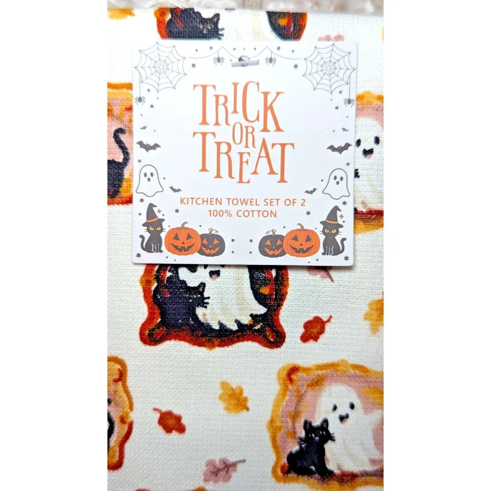Trick or Treat Ghost and Black Cat Halloween Portraits Fall Leaves Cotton 2-pc